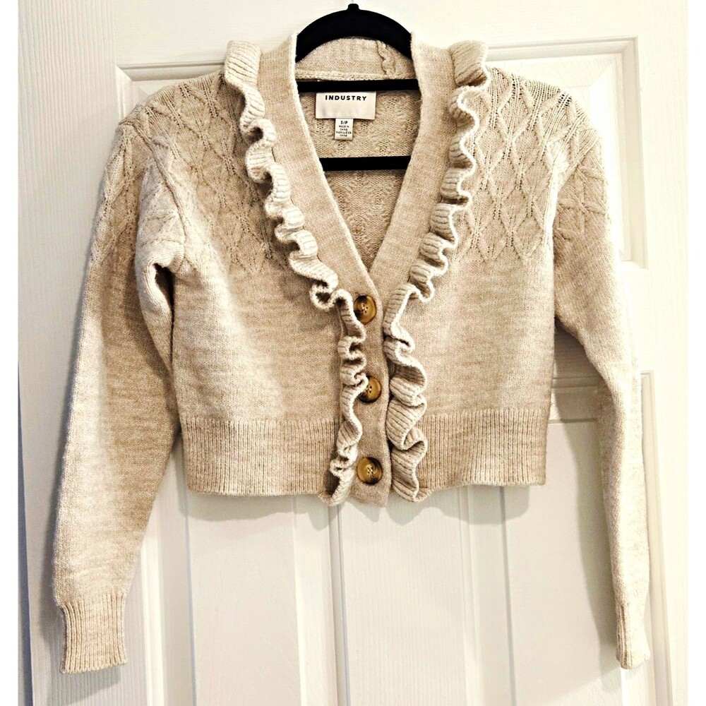 Industry Women's Beige Cropped Knit Cardigan Sweater V-Neck Ruffle Button S
